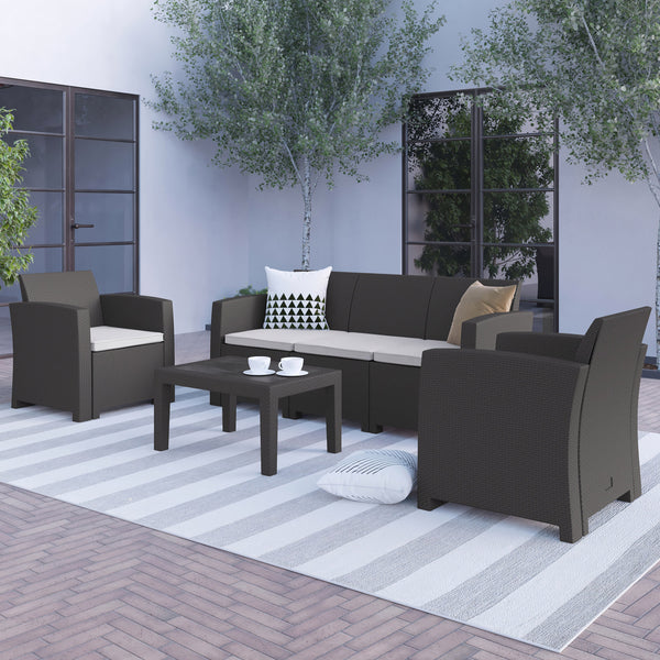 Dark Gray |#| 4 Piece Outdoor Faux Rattan Chair, Sofa and Table Set in Dark Gray