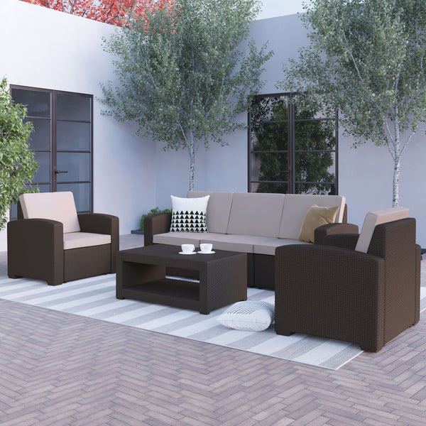 4 Piece Outdoor Faux Rattan Chair, Sofa and Table Set in Chocolate Brown