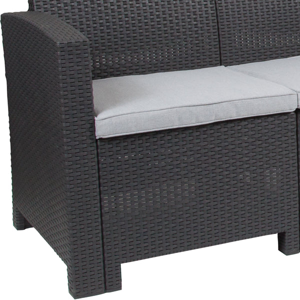 Dark Gray |#| Dark Gray Faux Rattan Sofa with All-Weather Light Gray Cushions - Patio Chair