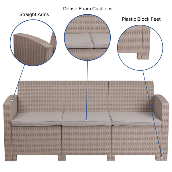 Light Gray |#| Light Gray Faux Rattan Sofa with All-Weather Light Gray Cushions - Patio Chair