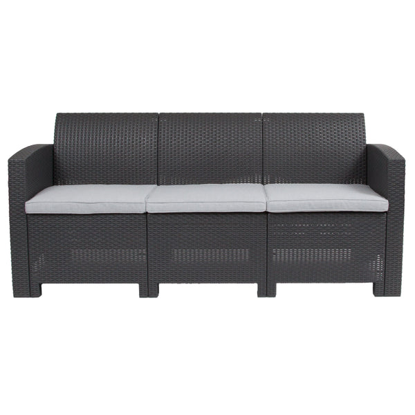 Dark Gray |#| Dark Gray Faux Rattan Sofa with All-Weather Light Gray Cushions - Patio Chair