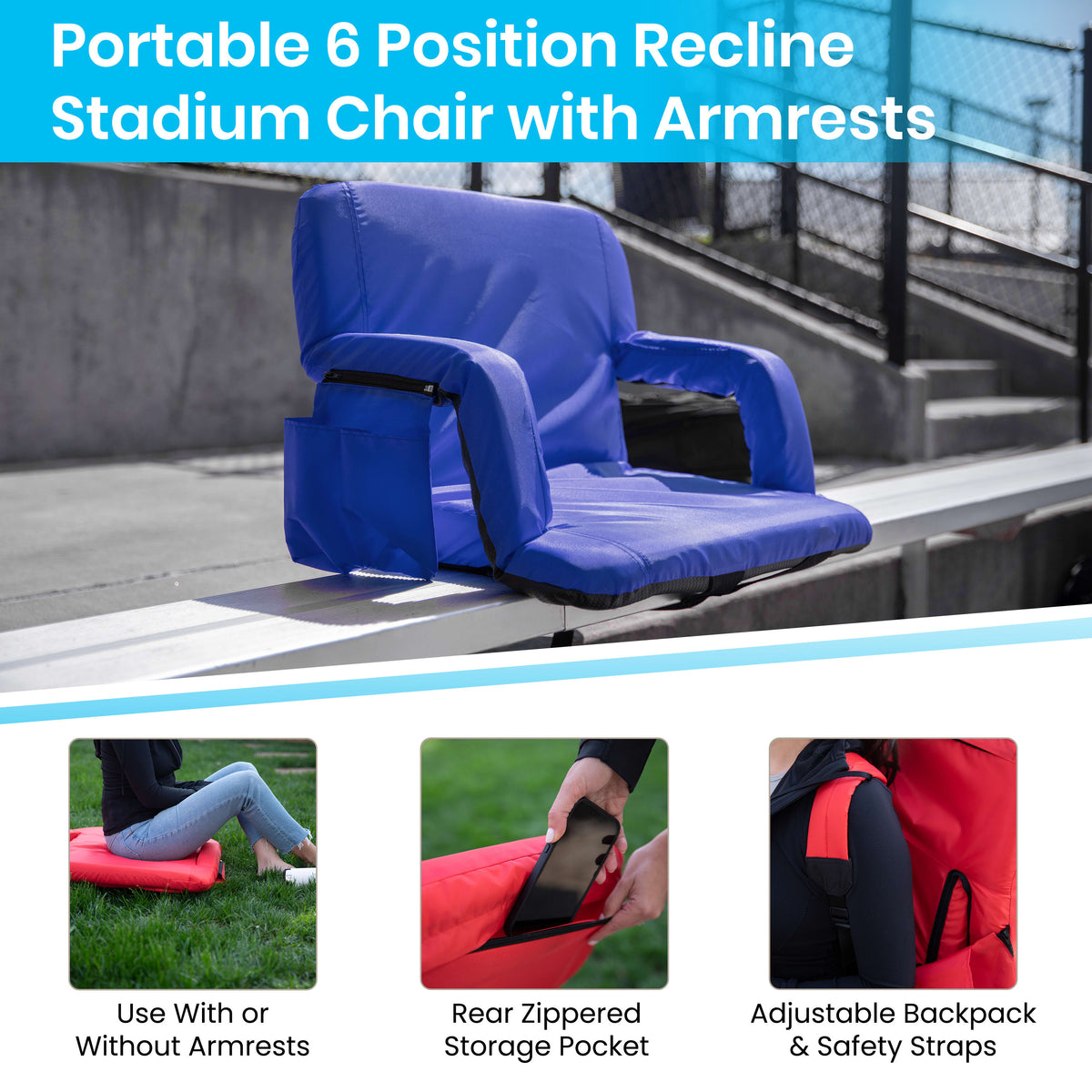 Blue |#| 2 Pack Reclining Blue Backpack Padded Stadium Chairs-Armrests & Storge Pockets