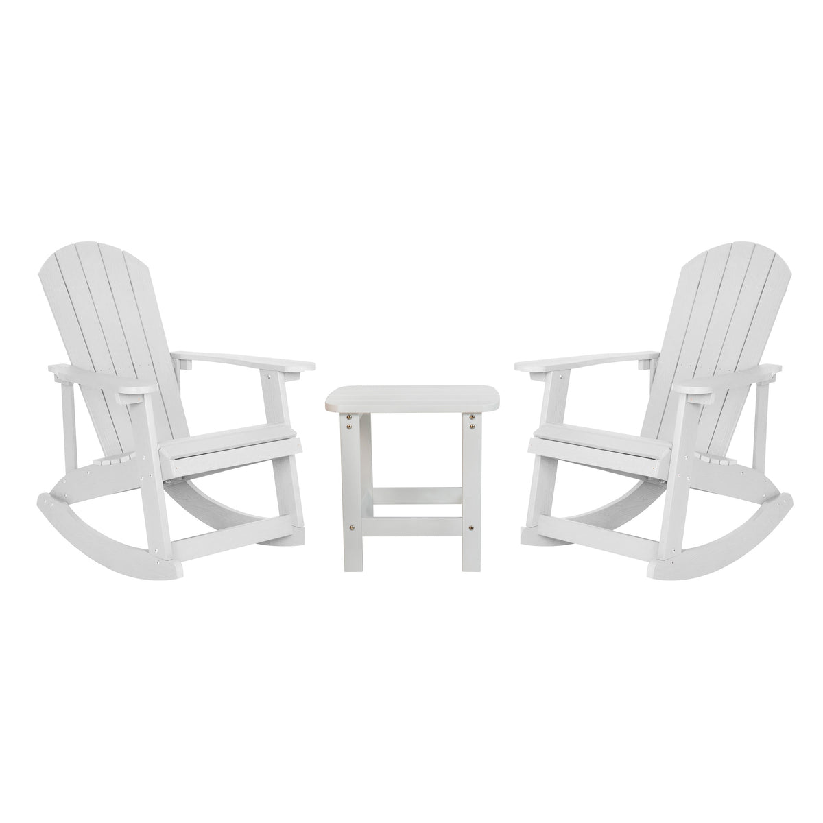 White |#| Set of 2 Poly Resin Adirondack Rocking Chairs with 1 Side Table in White