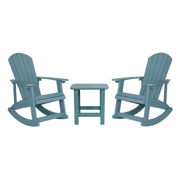 Sea Foam |#| Set of 2 Poly Resin Adirondack Rocking Chairs with 1 Side Table in Sea Foam
