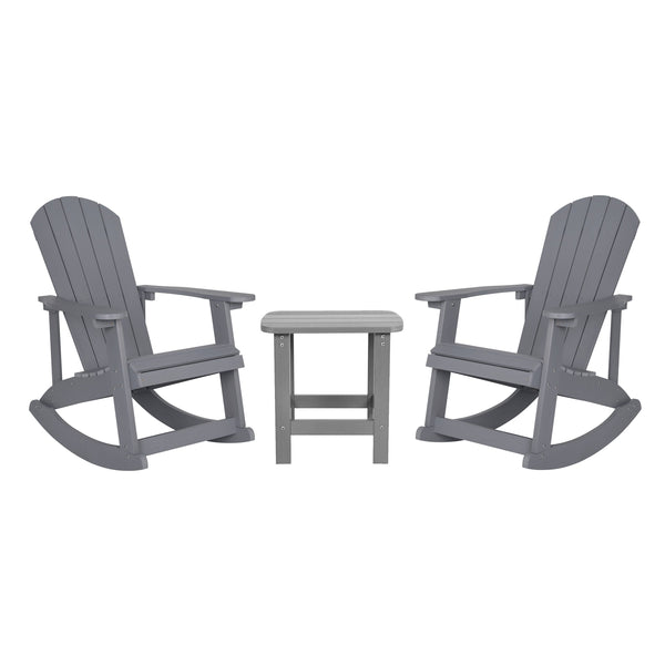 Gray |#| Set of 2 Poly Resin Adirondack Rocking Chairs with 1 Side Table in Gray