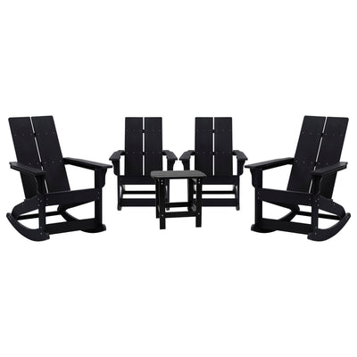 Set of 4 Finn Modern Commercial Grade All-Weather 2-Slat Poly Resin Rocking Adirondack Chairs with Matching Side Table