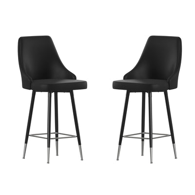 Shelly Set of 2 Commercial LeatherSoft Counter Height Bar Stools with Solid Black Metal Frames and Chrome Accented Feet and Footrests