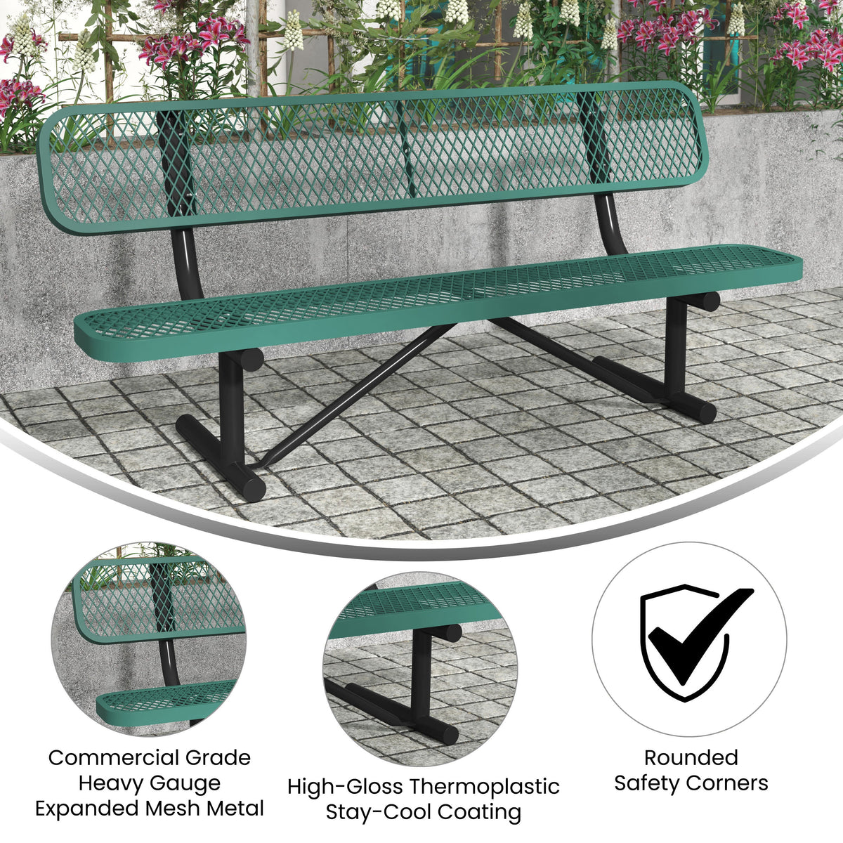 Green |#| Commercial Grade 6' Expanded Mesh Metal Outdoor Bench with Backrest in Green