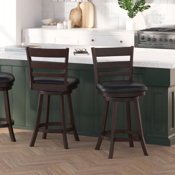 Black Vinyl/Espresso Frame |#| 24inch Ladderback Wooden Swivel Stool - Padded Seat-Espresso/Black Faux Leather