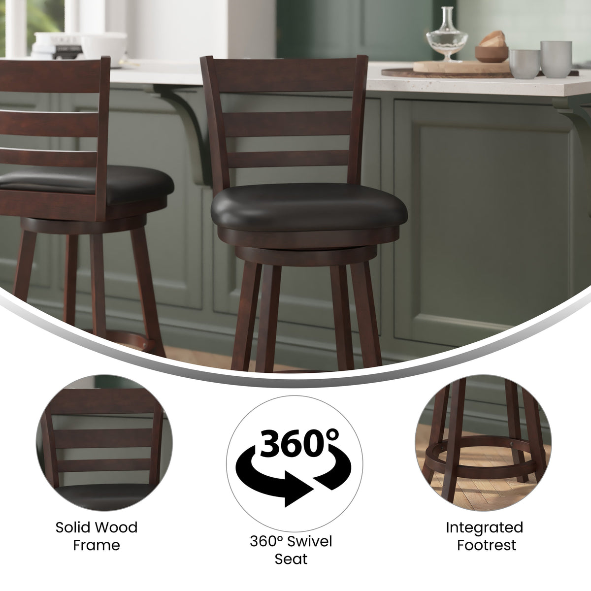 Black Vinyl/Espresso Frame |#| 24inch Ladderback Wooden Swivel Stool - Padded Seat-Espresso/Black Faux Leather