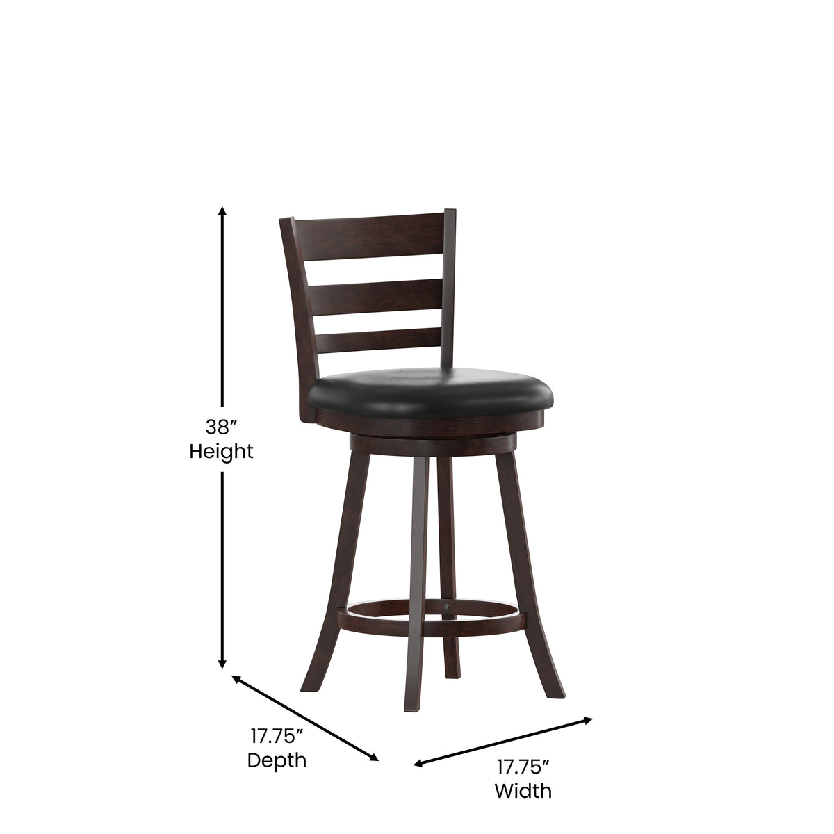 Black Vinyl/Espresso Frame |#| 24inch Ladderback Wooden Swivel Stool - Padded Seat-Espresso/Black Faux Leather
