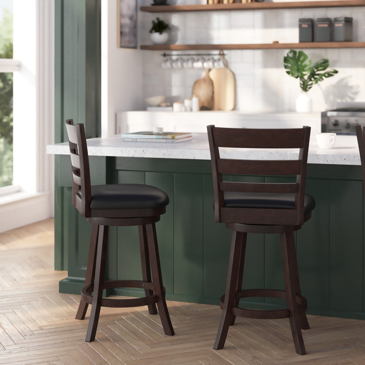 Black Vinyl/Espresso Frame |#| 24inch Ladderback Wooden Swivel Stool - Padded Seat-Espresso/Black Faux Leather
