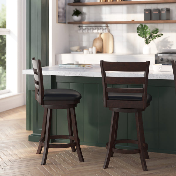 Black Vinyl/Espresso Frame |#| 24inch Ladderback Wooden Swivel Stool - Padded Seat-Espresso/Black Faux Leather