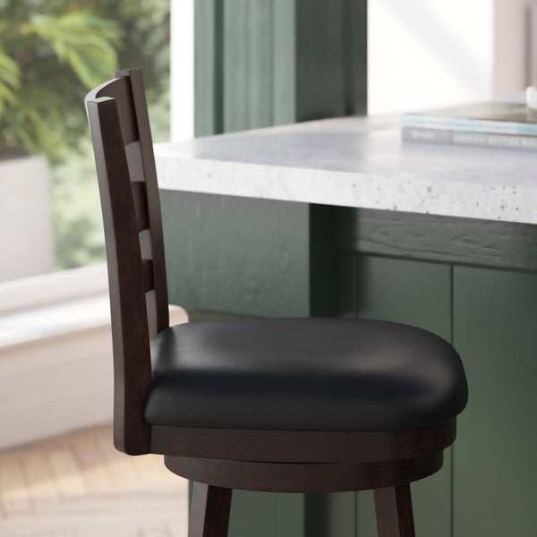 Black Vinyl/Espresso Frame |#| 24inch Ladderback Wooden Swivel Stool - Padded Seat-Espresso/Black Faux Leather