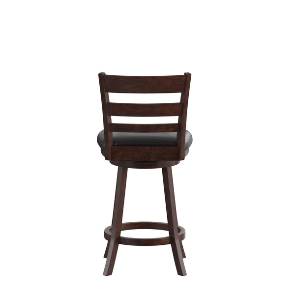 Black Vinyl/Espresso Frame |#| 24inch Ladderback Wooden Swivel Stool - Padded Seat-Espresso/Black Faux Leather