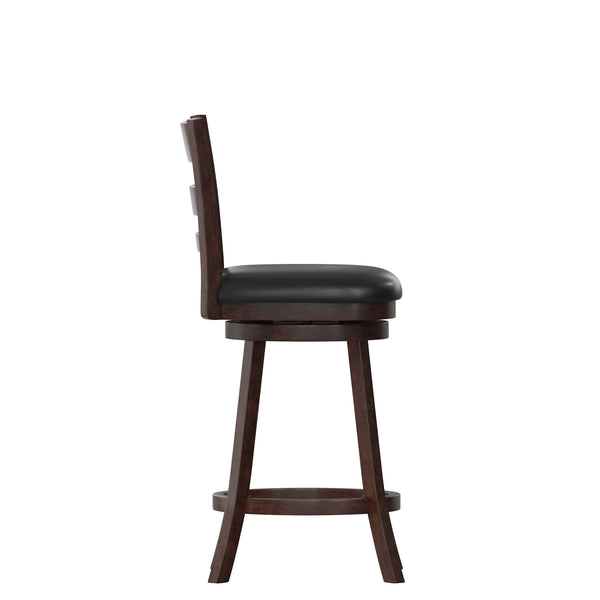 Black Vinyl/Espresso Frame |#| 24inch Ladderback Wooden Swivel Stool - Padded Seat-Espresso/Black Faux Leather