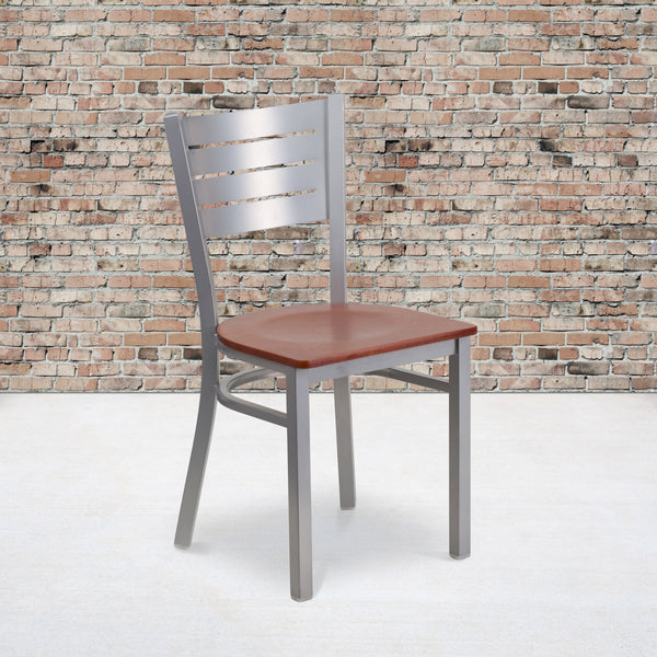 Cherry Wood Seat/Silver Frame |#| Silver Slat Back Metal Restaurant Chair - Cherry Wood Seat