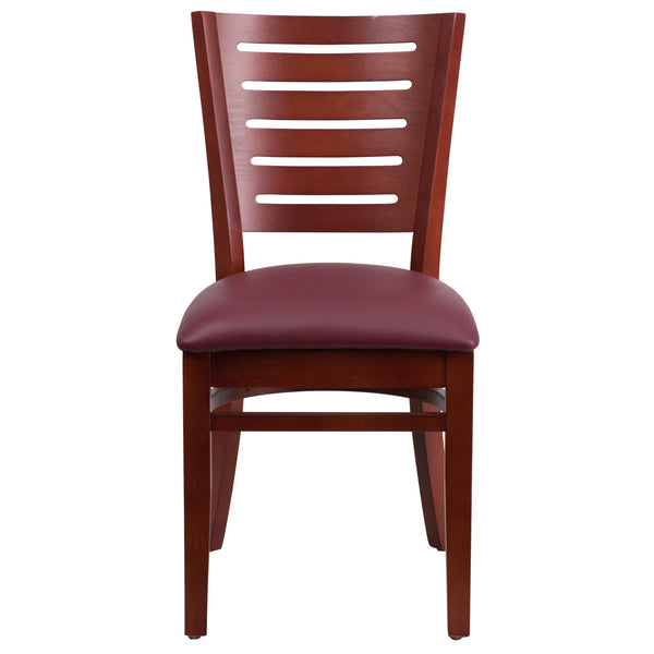 Burgundy Vinyl Seat/Mahogany Wood Frame |#| Slat Back Mahogany Wood Restaurant Chair - Burgundy Vinyl Seat