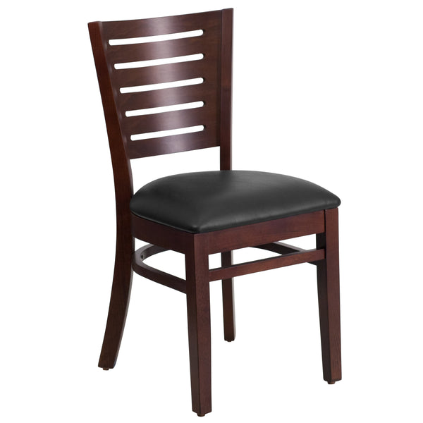 Black Vinyl Seat/Walnut Wood Frame |#| Slat Back Walnut Wood Restaurant Chair - Black Vinyl Seat