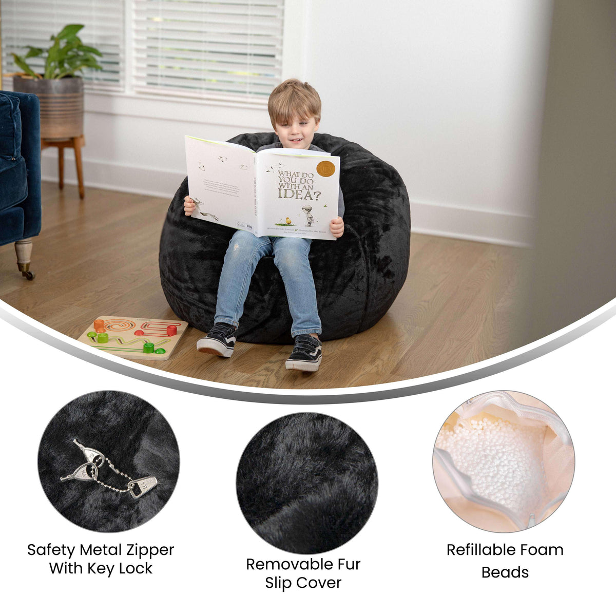 Black Furry |#| Small Black Furry Refillable Bean Bag Chair for Kids and Teens