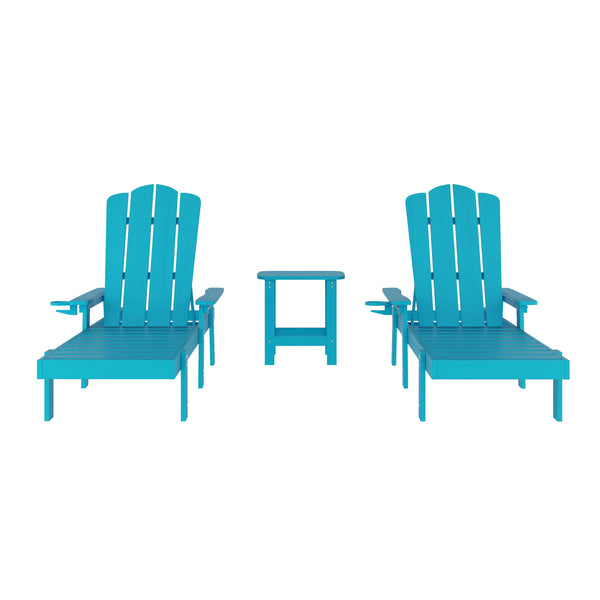 Blue |#| 3pc Commercial Indoor/Outdoor Adirondack Set with 2 Loungers, Side Table in Blue