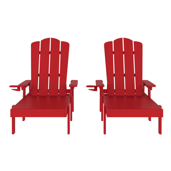 Red |#| Set of 2 All-Weather Commercial Adjustable Lounge Chairs with Cupholders - Red