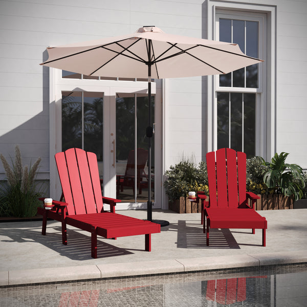 Red |#| Set of 2 All-Weather Commercial Adjustable Lounge Chairs with Cupholders - Red