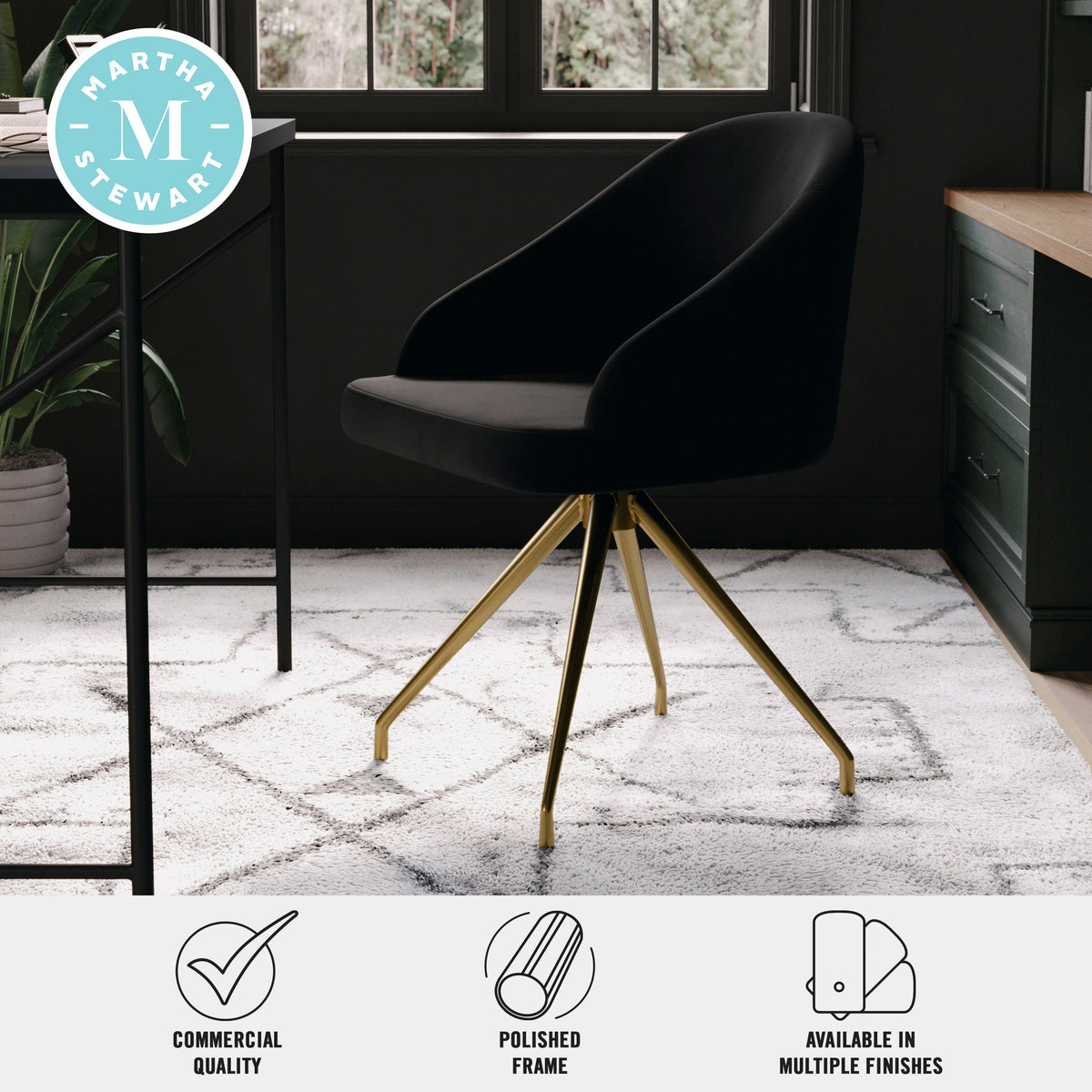 Black Velvet/Polished Nickel |#| Velvet Upholstered Stationary Swivel Home Office Chair -Black/Oil Bronze