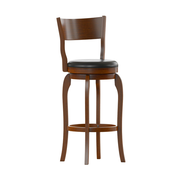 Black Vinyl/Antique Oak Frame |#| 30inch Open Back Wooden Swivel Stool - Padded Seat-Antique Oak/Black Faux Leather