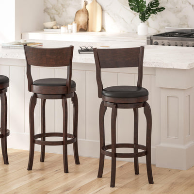 Tally 30" Classic Wooden Open Back Swivel Bar Height Pub Stool with Upholstered Padded Seat and Integrated Footrest - View 2