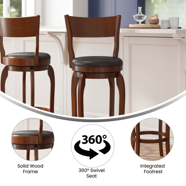 Black Vinyl/Antique Oak Frame |#| 30inch Open Back Wooden Swivel Stool - Padded Seat-Antique Oak/Black Faux Leather
