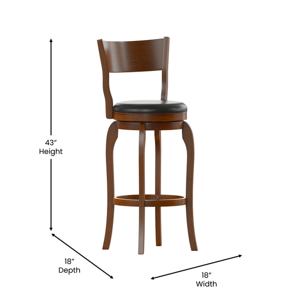 Black Vinyl/Antique Oak Frame |#| 30inch Open Back Wooden Swivel Stool - Padded Seat-Antique Oak/Black Faux Leather