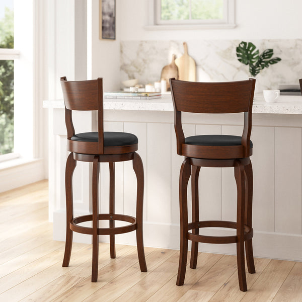 Black Vinyl/Antique Oak Frame |#| 30inch Open Back Wooden Swivel Stool - Padded Seat-Antique Oak/Black Faux Leather