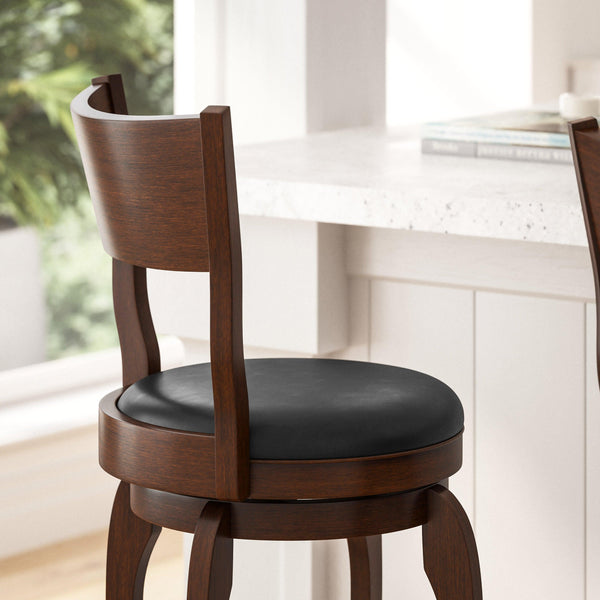 Black Vinyl/Antique Oak Frame |#| 30inch Open Back Wooden Swivel Stool - Padded Seat-Antique Oak/Black Faux Leather