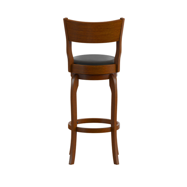 Black Vinyl/Antique Oak Frame |#| 30inch Open Back Wooden Swivel Stool - Padded Seat-Antique Oak/Black Faux Leather