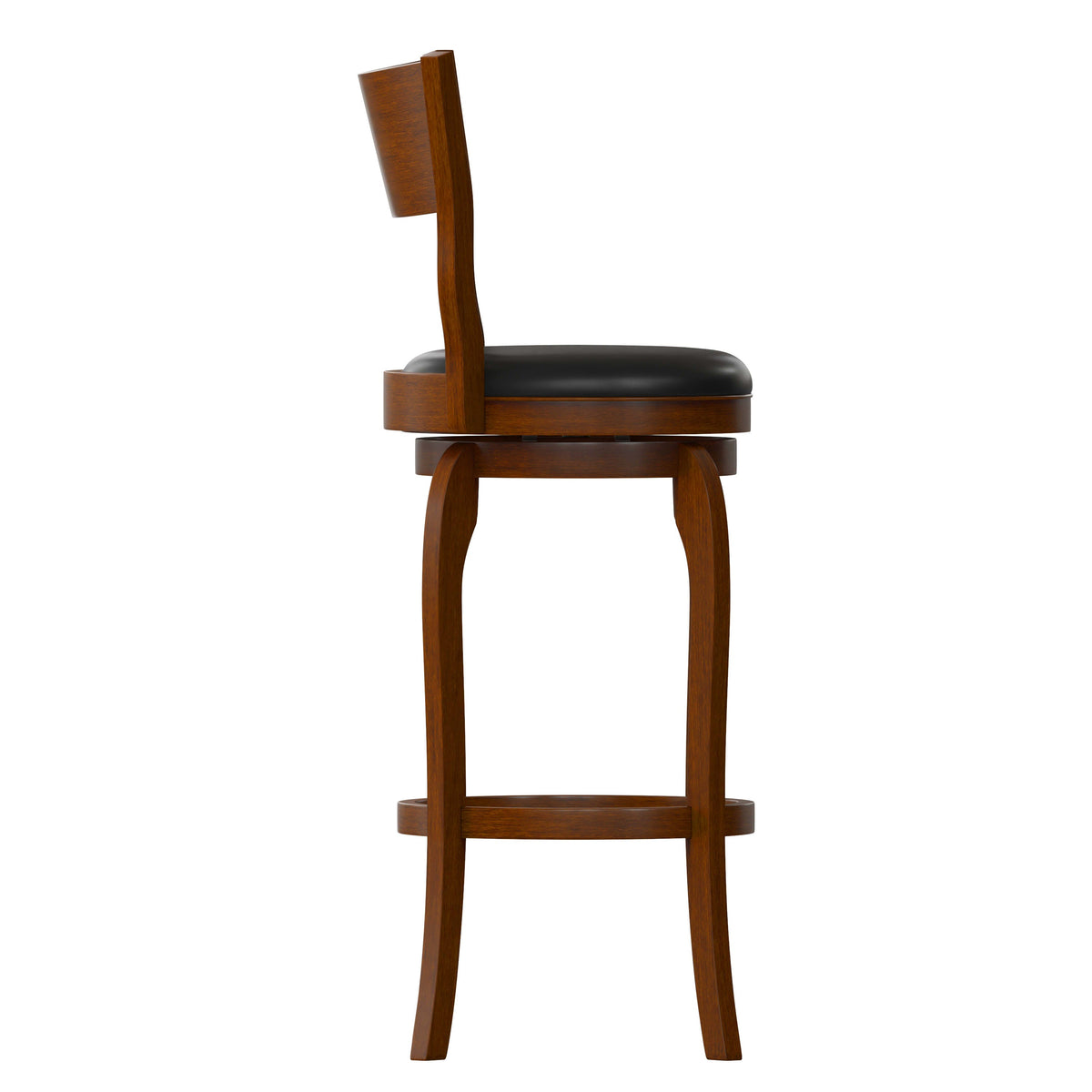 Black Vinyl/Antique Oak Frame |#| 30inch Open Back Wooden Swivel Stool - Padded Seat-Antique Oak/Black Faux Leather