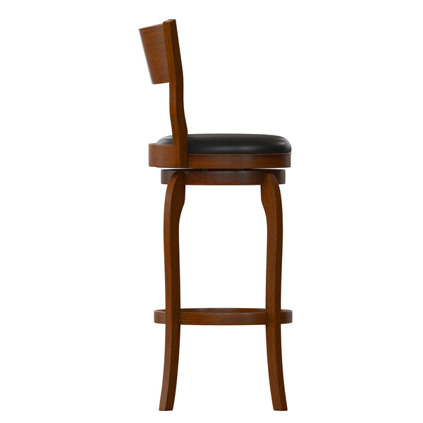 Black Vinyl/Antique Oak Frame |#| 30inch Open Back Wooden Swivel Stool - Padded Seat-Antique Oak/Black Faux Leather