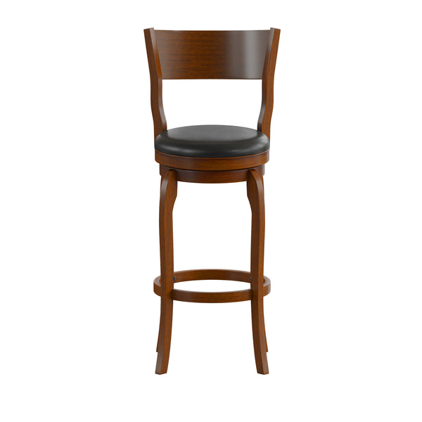 Black Vinyl/Antique Oak Frame |#| 30inch Open Back Wooden Swivel Stool - Padded Seat-Antique Oak/Black Faux Leather
