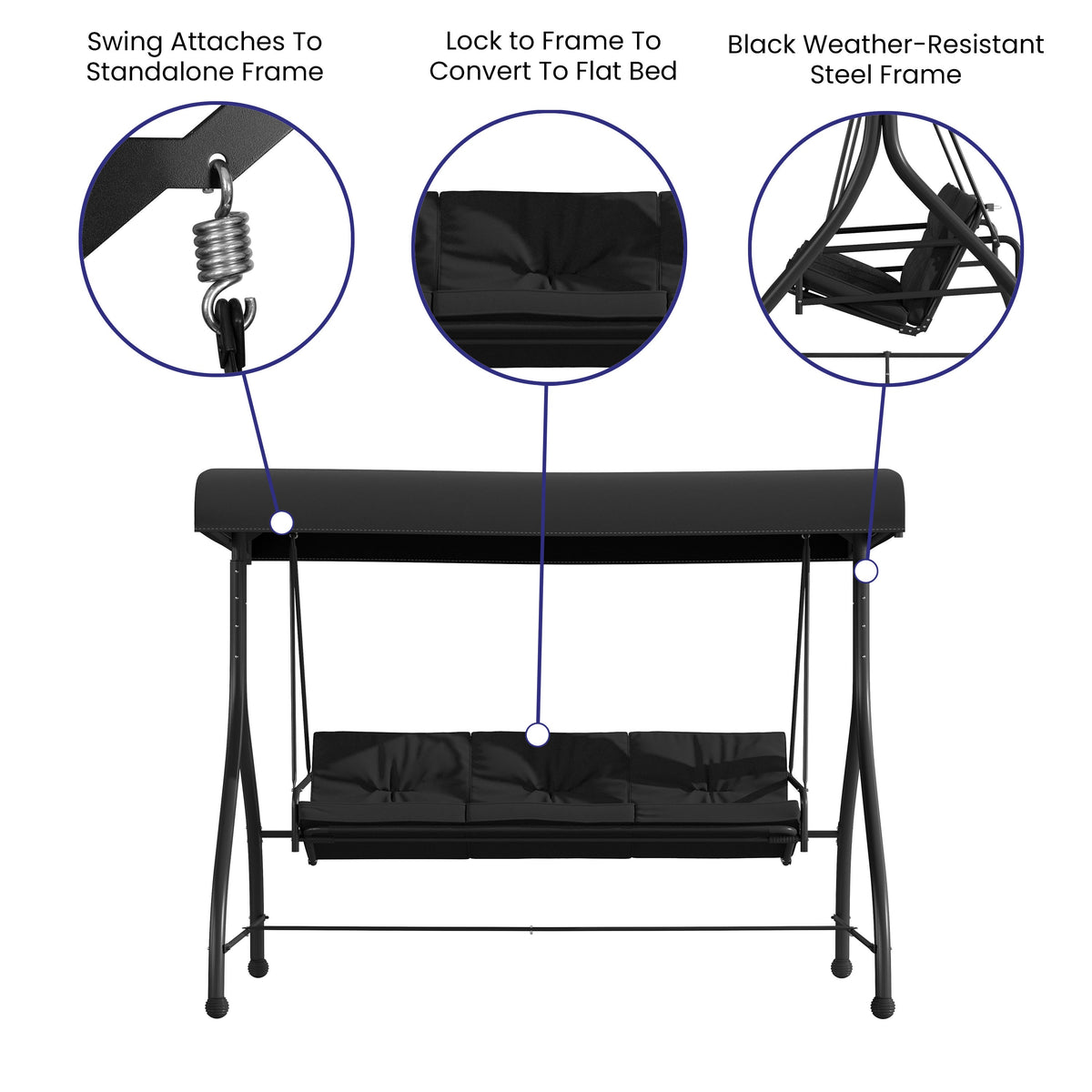 Black |#| 3-Seat Outdoor Steel Converting Patio Swing and Bed Canopy Hammock in Black