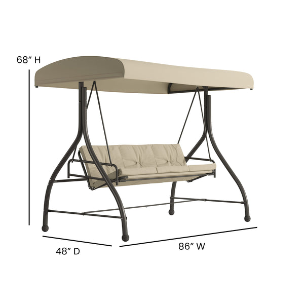 Tan |#| 3-Seat Outdoor Steel Converting Patio Swing and Bed Canopy Hammock in Tan