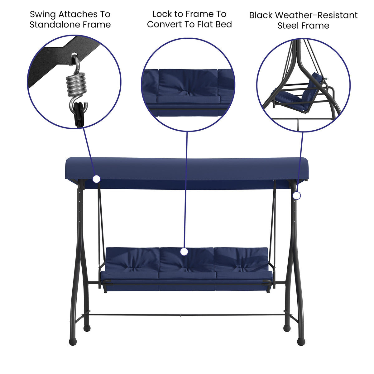 Navy |#| 3-Seat Outdoor Steel Converting Patio Swing and Bed Canopy Hammock in Navy