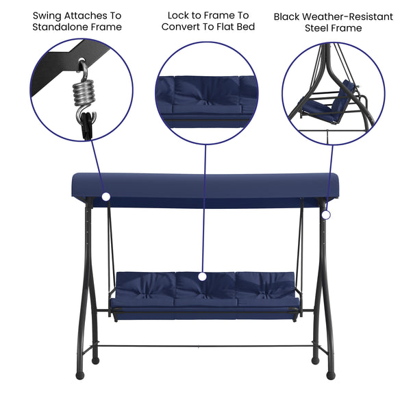 Navy |#| 3-Seat Outdoor Steel Converting Patio Swing and Bed Canopy Hammock in Navy