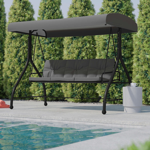 Gray |#| 3-Seat Outdoor Steel Converting Patio Swing and Bed Canopy Hammock in Gray