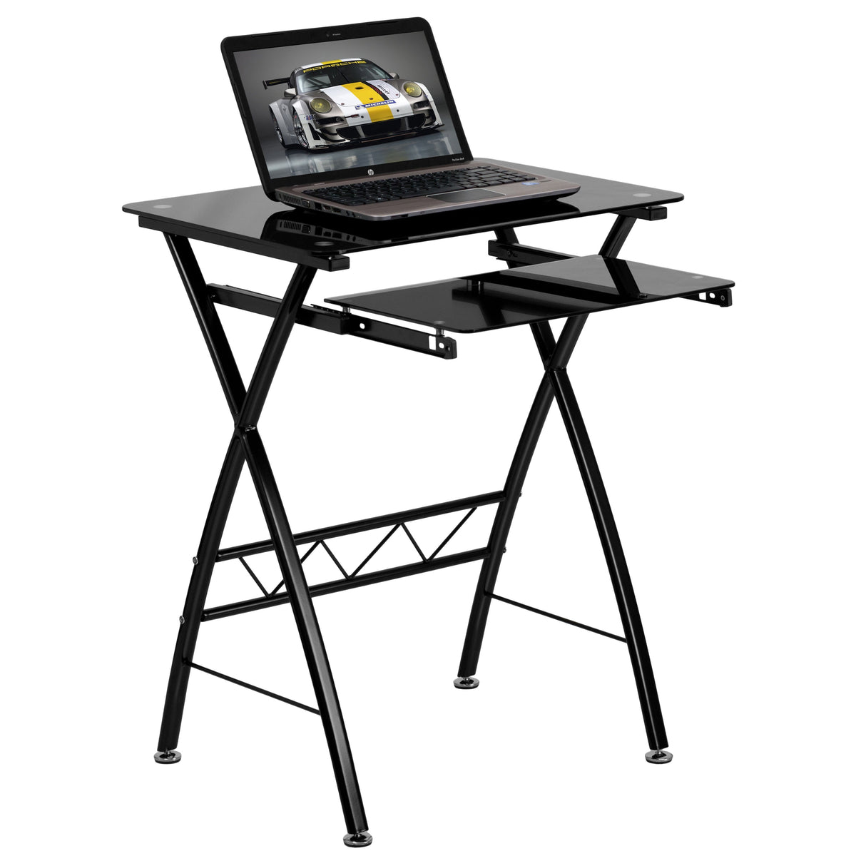 Black Tempered Glass Computer Desk with Pull-Out Keyboard Tray