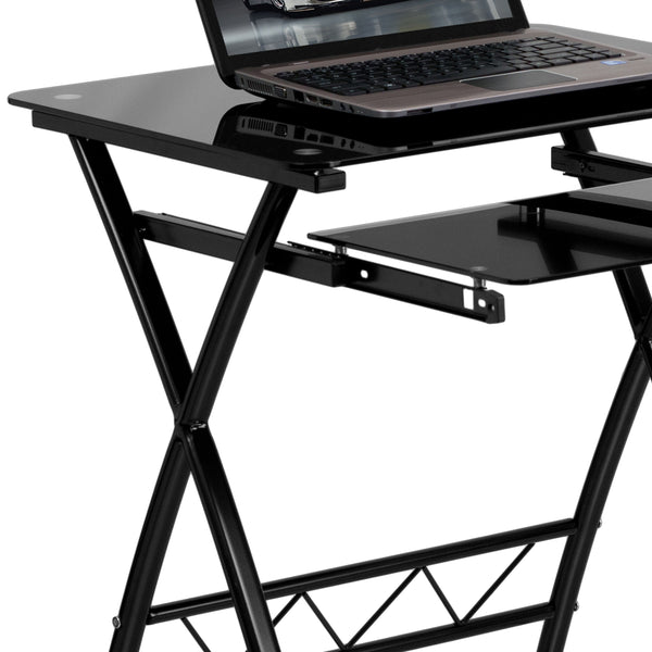 Black Tempered Glass Computer Desk with Pull-Out Keyboard Tray