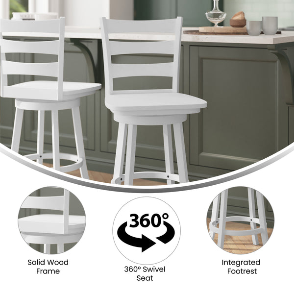 White Wash |#| Commercial Antique White Wash Wood Ladderback Swivel Counter Stool with Footrest
