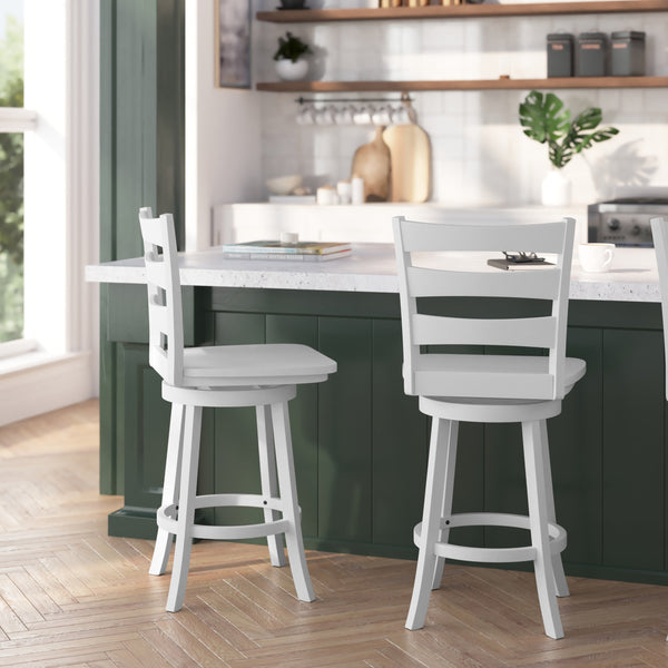 White Wash |#| Commercial Antique White Wash Wood Ladderback Swivel Counter Stool with Footrest