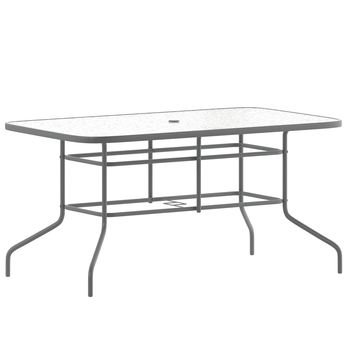 Clear Top/Silver Frame |#| 31.5" x 55" Rectangular Tempered Glass Metal Table with Umbrella Hole - Silver