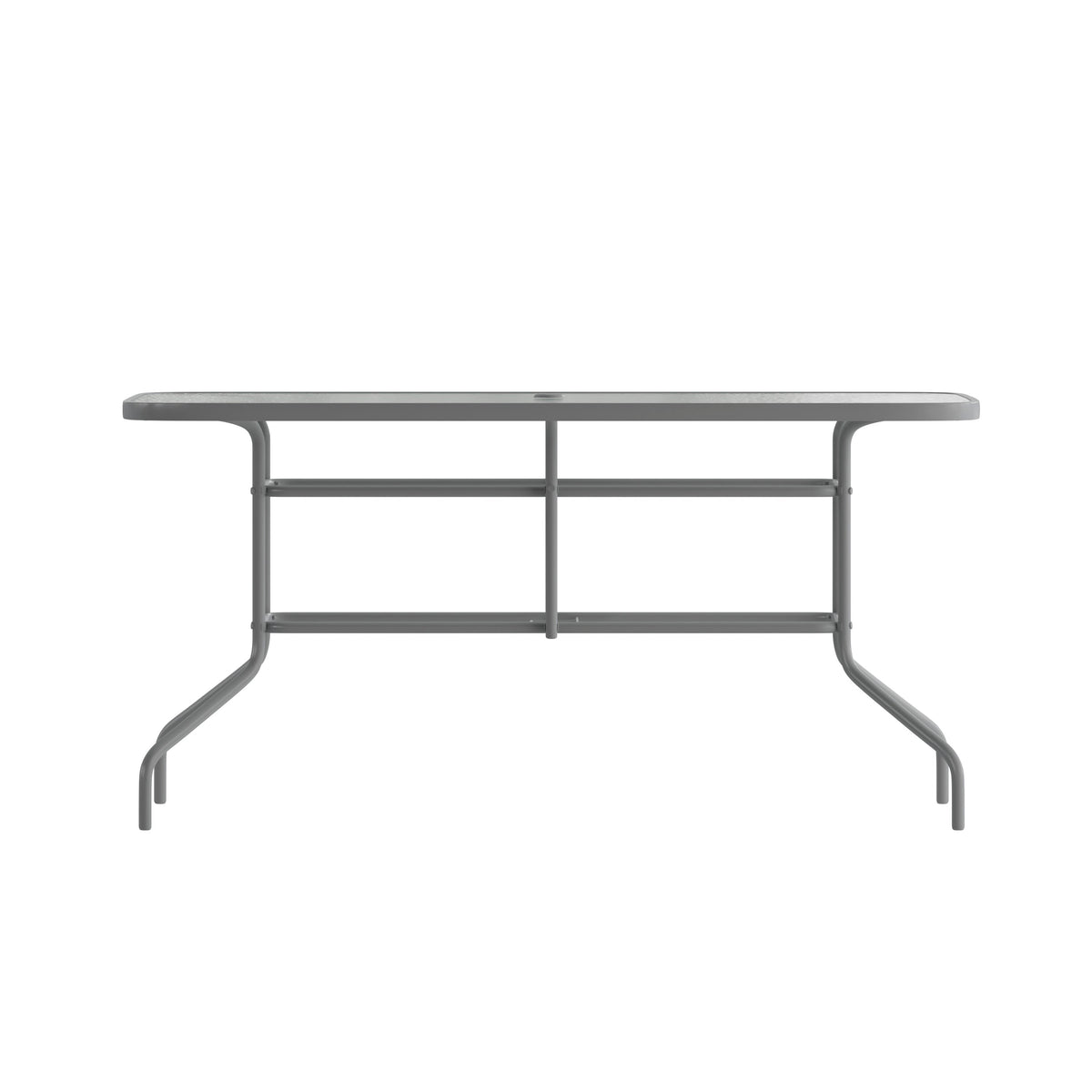 Clear Top/Silver Frame |#| 31.5" x 55" Rectangular Tempered Glass Metal Table with Umbrella Hole - Silver