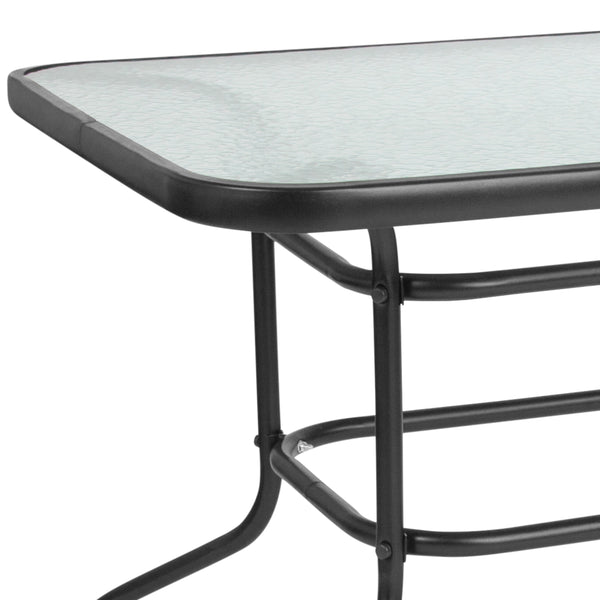 Clear Top/Black Frame |#| 31.5" x 55" Rectangular Tempered Glass Metal Table with Umbrella Hole